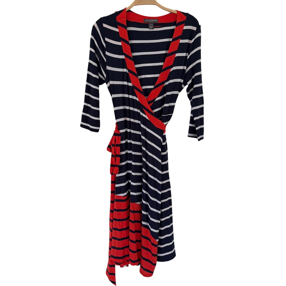A Pea in the Pod Maternity Wrap Dress Navy Red White Striped 3/4 Sleeve Large